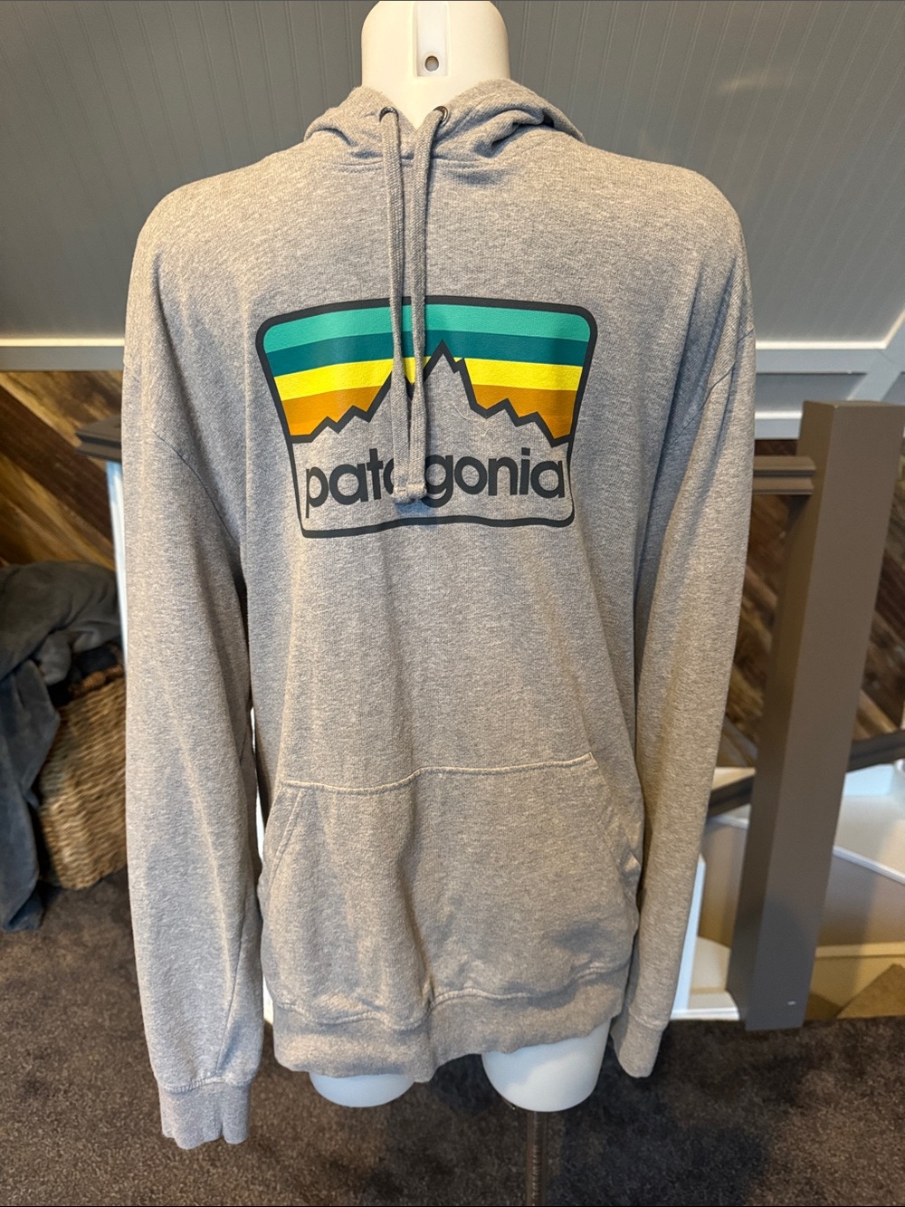 Patagonia Men’s Gray Zip-Up Hoodie with Teal, Yellow & Green Logo